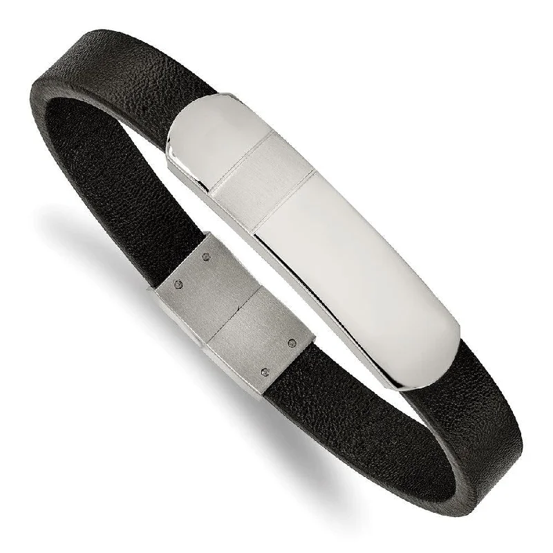 ladies bracelets happiness-Stainless Steel Brushed and Polished Black Leather 8.5in ID Bracelet