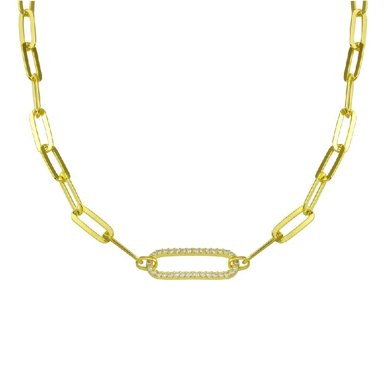 ladies necklaces gemstone-Gold Plated 925 Sterling Silver Paperclip Chain CZ Necklace - ITN00149-GP