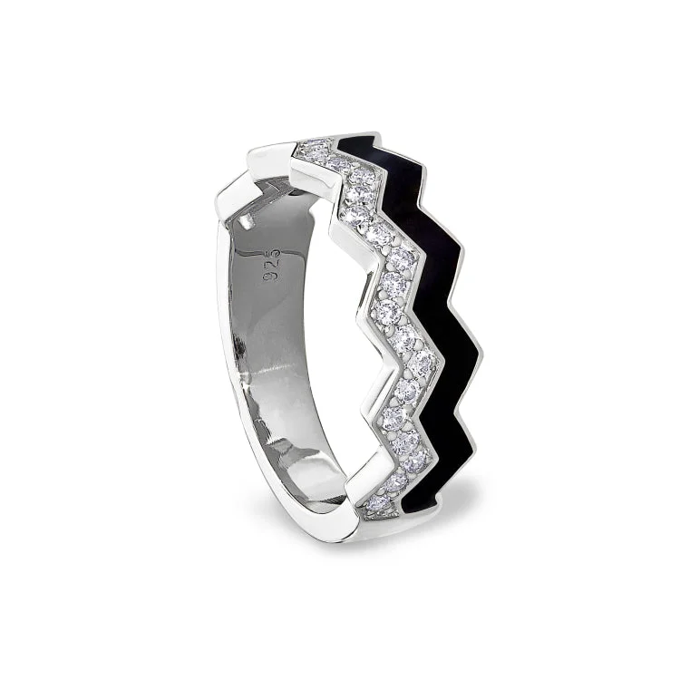 Ladies rings astrology theme -Platinum Finish Sterling Silver Micropave Ring with with Black Enamel and Simulated Diamondss