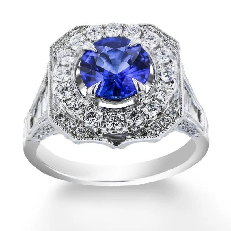 Ladies rings african motif -JULEVE 18KT WHITE GOLD 1.40CT SAPPHIRE & 1.50CTW DIAMOND HALO RING