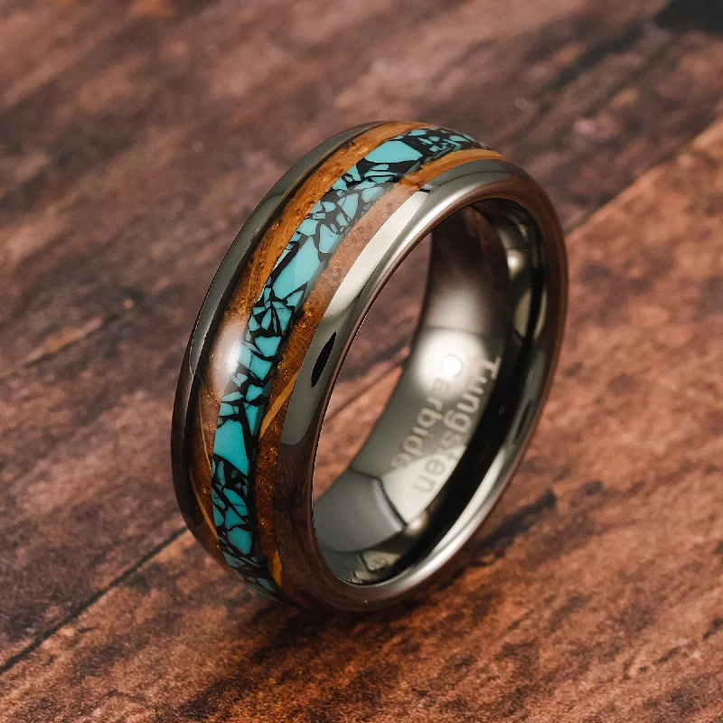 Ladies engagement rings online deal -100S JEWELRY Gunmetal Gray Tungsten Rings For Men Turquoise & Whiskey Barrel Wood Grain Inlay Wedding Promise Engagement Band Size 6-16