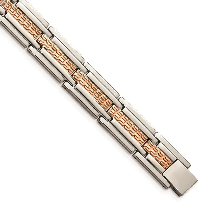 ladies bracelets sun-Stainless Steel Polished and Textured Rose Gold-plated 8.5 inch Bracelet