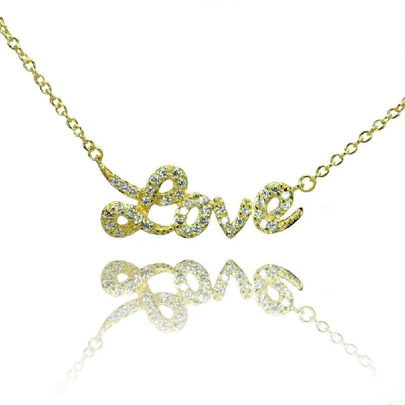 ladies necklaces white gold-Silver 925 Gold Plated Clear CZ Love Pendant Necklace - STP00854GP