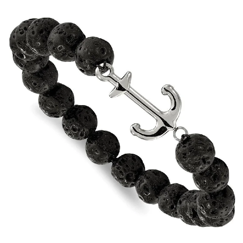 ladies bracelets brushed-Stainless Steel Polished with Black Lava Stone Anchor Stretch Bracelet