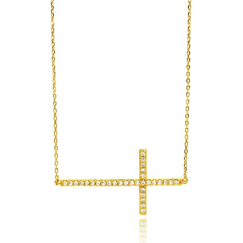 ladies necklaces subtle-Silver 925 Gold Plated Sideways Cross Clear CZ Necklace - BGP00676