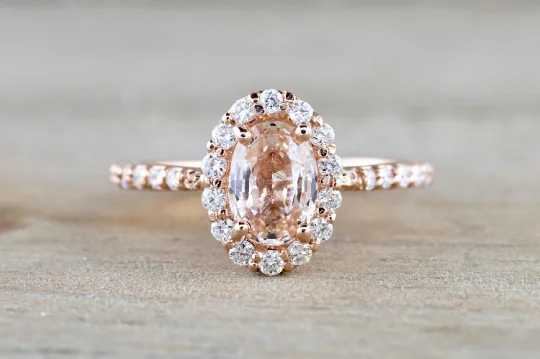 Ladies engagement rings iconic piece -14k Rose Gold Diamond Pink Peach Sapphire Halo Engagement Ring