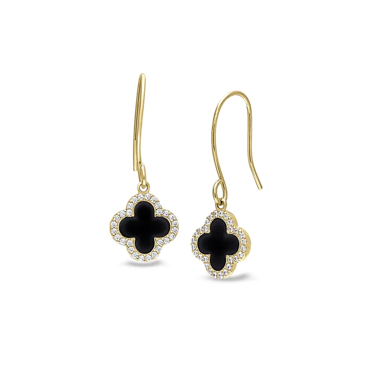 Ladies earrings dove peace -Gold Finish Sterling Silver Micropave Black Enamel Clover Earrings with Simulated Diamonds