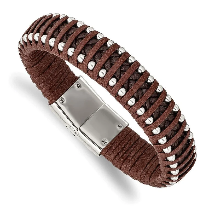 ladies bracelets brands-Stainless Steel Polished Beaded Brown Leather 8.25in Bracelet