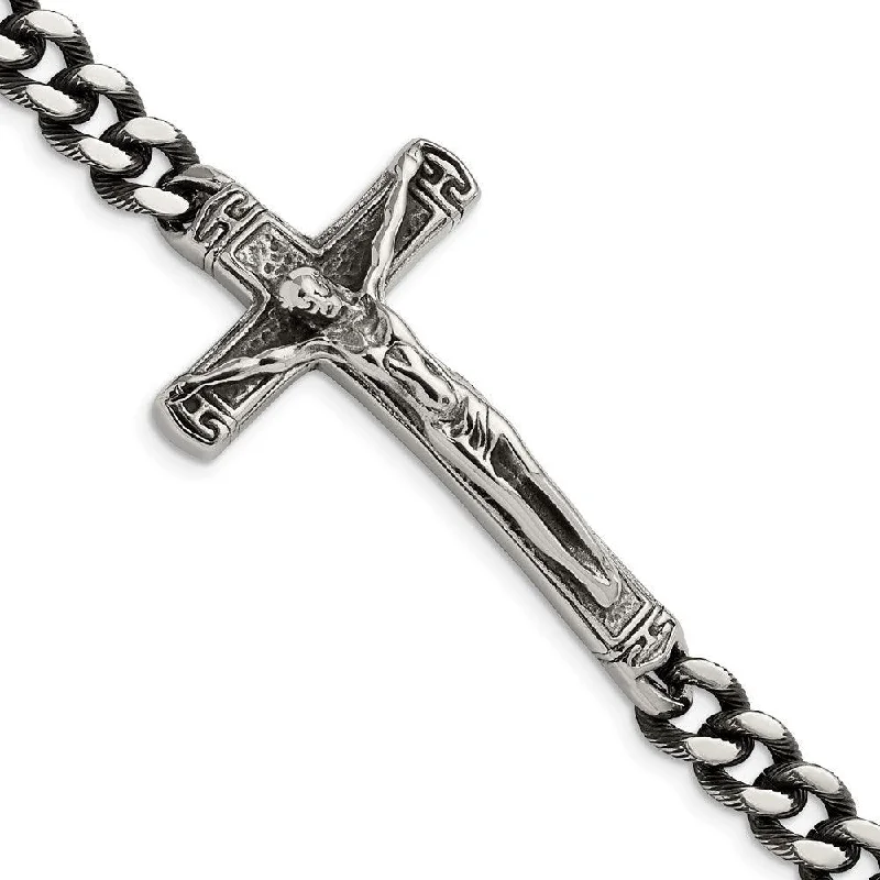 ladies bracelets white gold-Stainless Steel Antiqued and Polished Crucifix 8.75in Bracelet