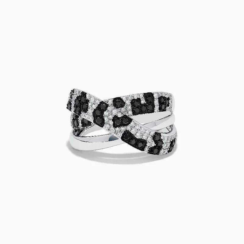 Ladies rings leaf design -Signature 14K White Gold Black and White Diamond Crossover Ring