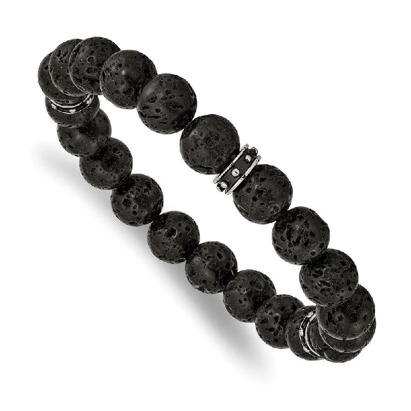 ladies bracelets adjustable-Stainless Steel Polished Black Enamel Lave Stone Beads Stretch Bracelet