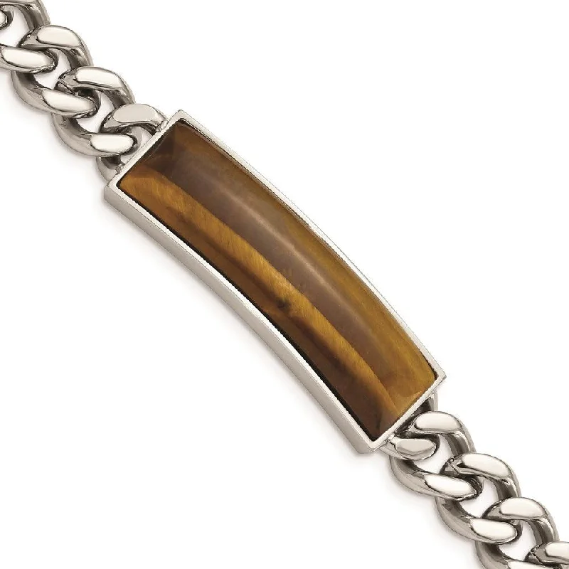 ladies bracelets new-Stainless Steel Tigers Eye & Polished 8.25in Bracelet