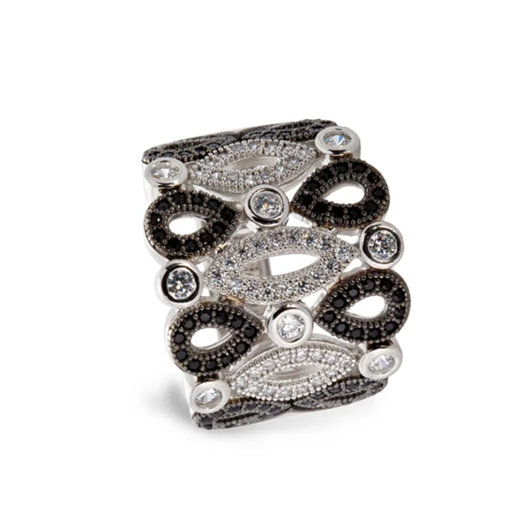 Ladies rings cork design -Platinum & Black Rhodium Finish Sterling Silver Micropave Art Deco Ring with 136 Simulated Diamonds