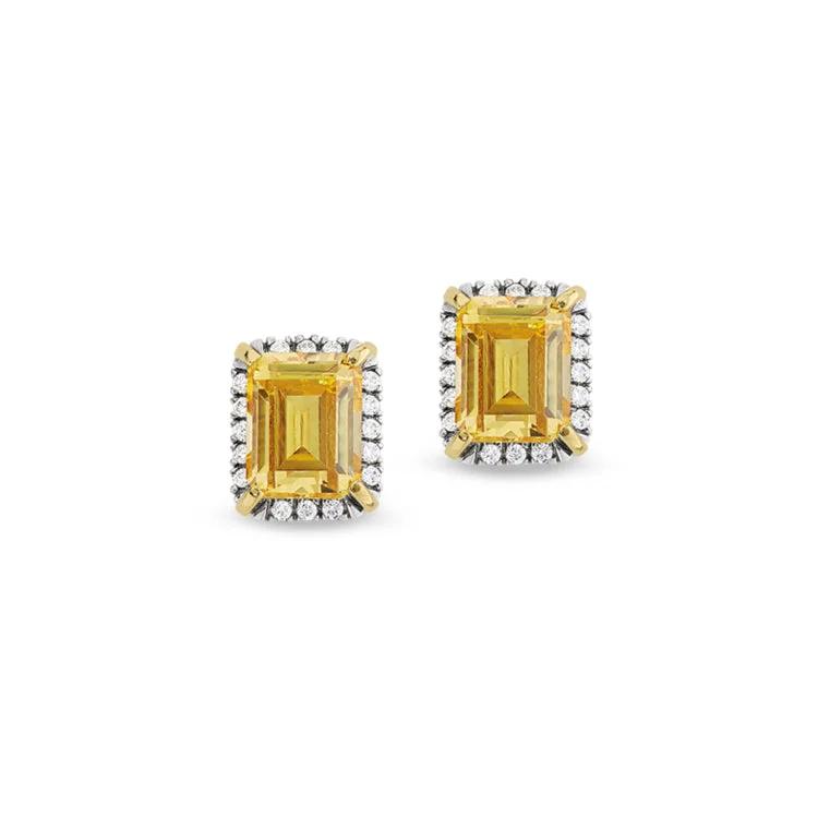 Ladies earrings discount offer -Platinum Finish Sterling Silver Vintage Earrings with Emerald Cut Canary Stone & Simulated Diamonds