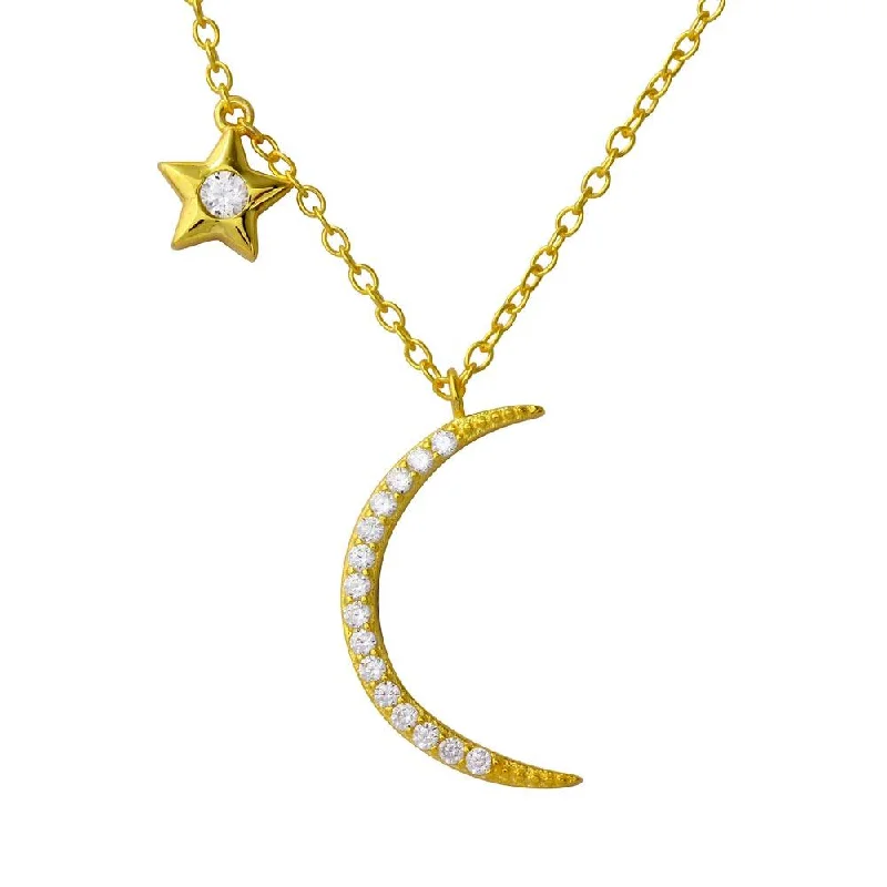 ladies necklaces name-Gold Plated 925 Sterling Silver CZ Star and Crescent Moon Necklace - STP01558GP