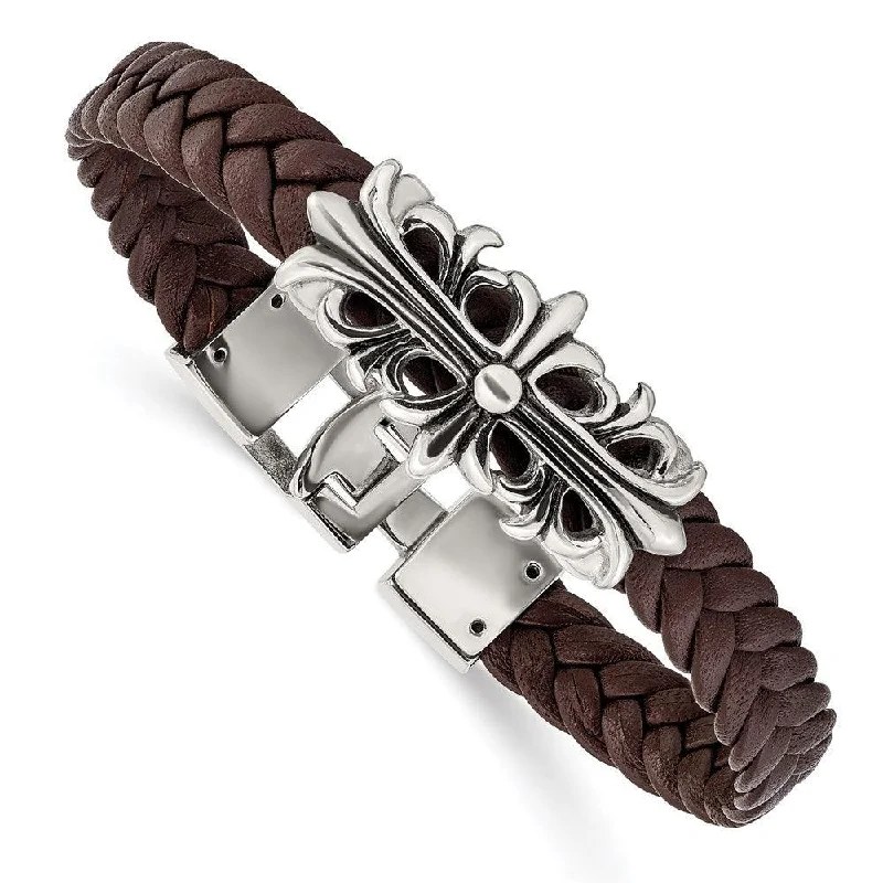 ladies bracelets rigid-Stainless Steel Polished Antiqued Brown Leather Filigree Bracelet