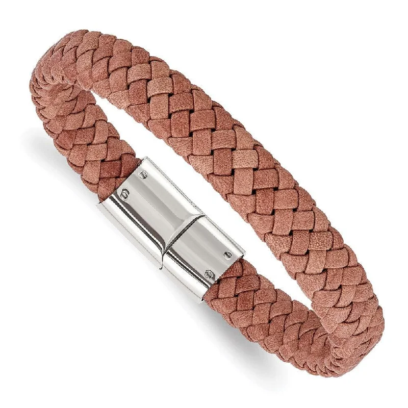 ladies bracelets unique-Stainless Steel Polished Woven Brown Leather Bracelet