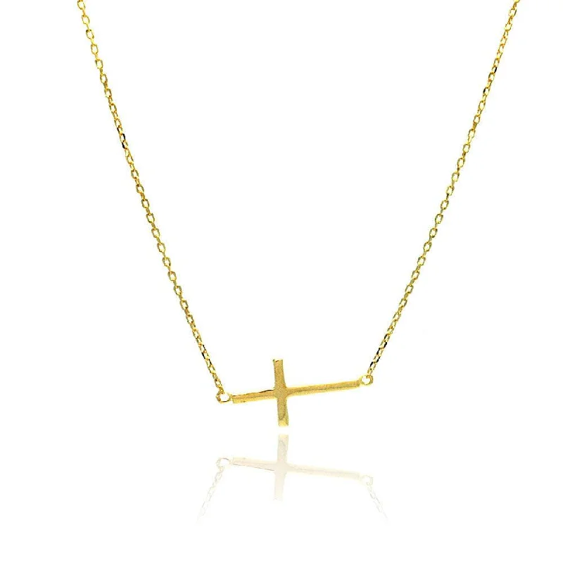 ladies necklaces orange-Silver 925 Gold Plated Sideways Cross Necklace - BGP00493