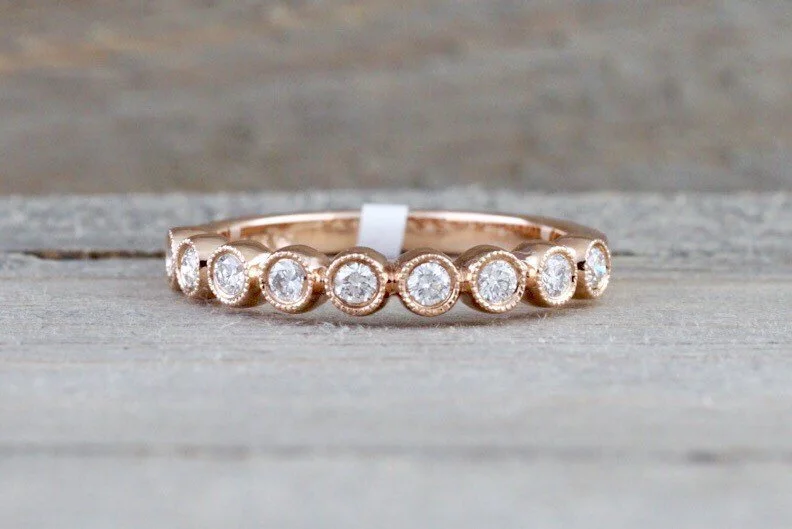 Ladies engagement rings forever love -14k Rose Gold Diamond Vintage Milgrain Bezel Full Eternity Band Ring Wedding Engagement