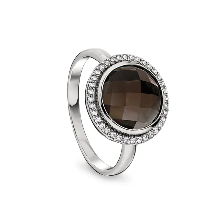 Ladies rings timeless beauty -Platinum Finish Sterling Silver Micropave Facet Cut Smoky Quartz Ring with Simulated Diamonds