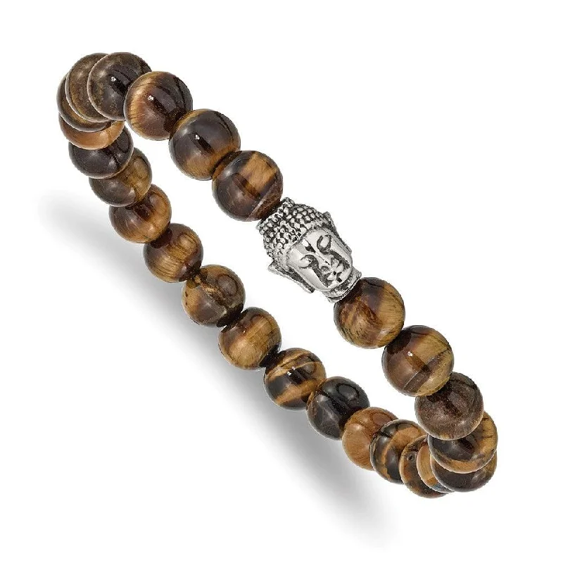 ladies bracelets minimalist-Stainless Steel Antiqued & Polished Tiger's Eye Buddha Stretch Bracelet