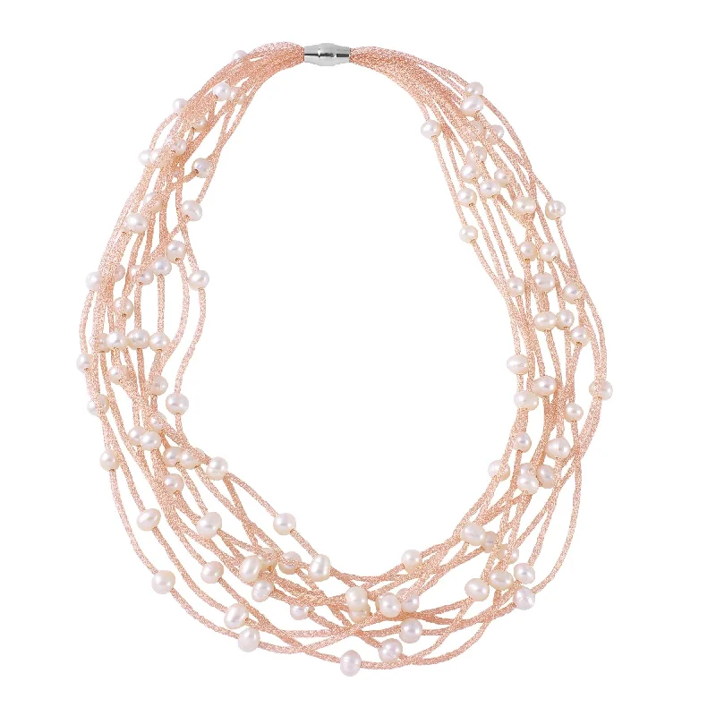 ladies necklaces party-Rose Gold Plated 925 Sterling Silver Multi Strand With Fresh Pearl Accent Necklace - ECN00018R