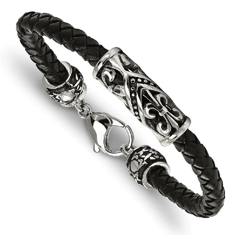 ladies bracelets flashy-Stainless Steel Polished Antiqued Fleur De Lis Black Leather Bracelet