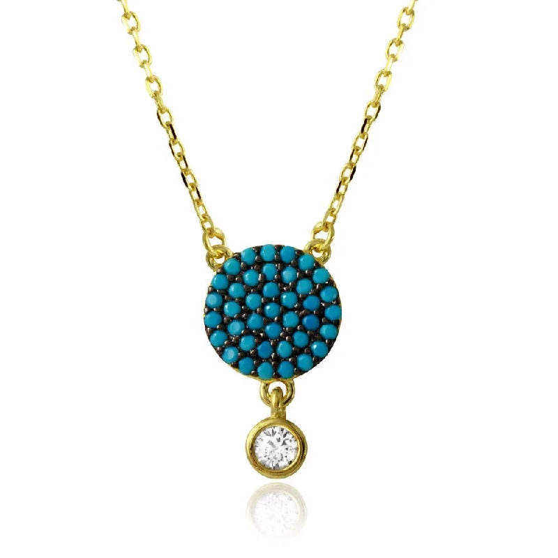 ladies necklaces exclusive-Gold Plated 925 Sterling Silver Circle Turquoise Bead Necklace with Dangling Round CZ - BGP01207