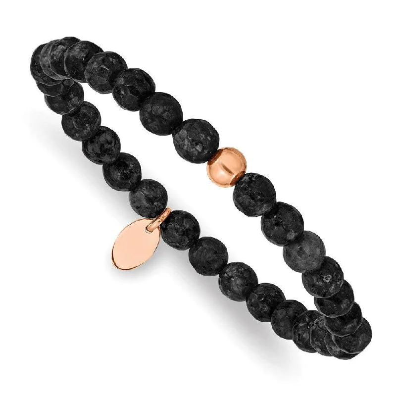 ladies bracelets energy-Stainless Steel Polished Rose IP-plated Black Onyx Stretch Bracelet