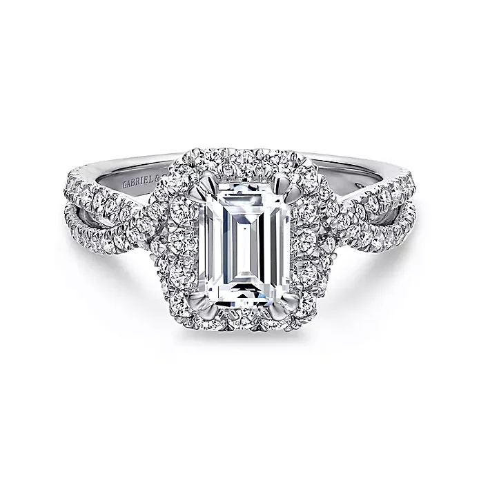 Ladies engagement rings unique design -Monique - 14K White Gold Halo Emerald Cut Diamond Engagement Ring