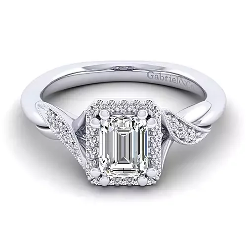 Ladies engagement rings champagne diamond -Shae - Vintage Inspired 14K White Gold Halo Emerald Cut Diamond Engagement Ring