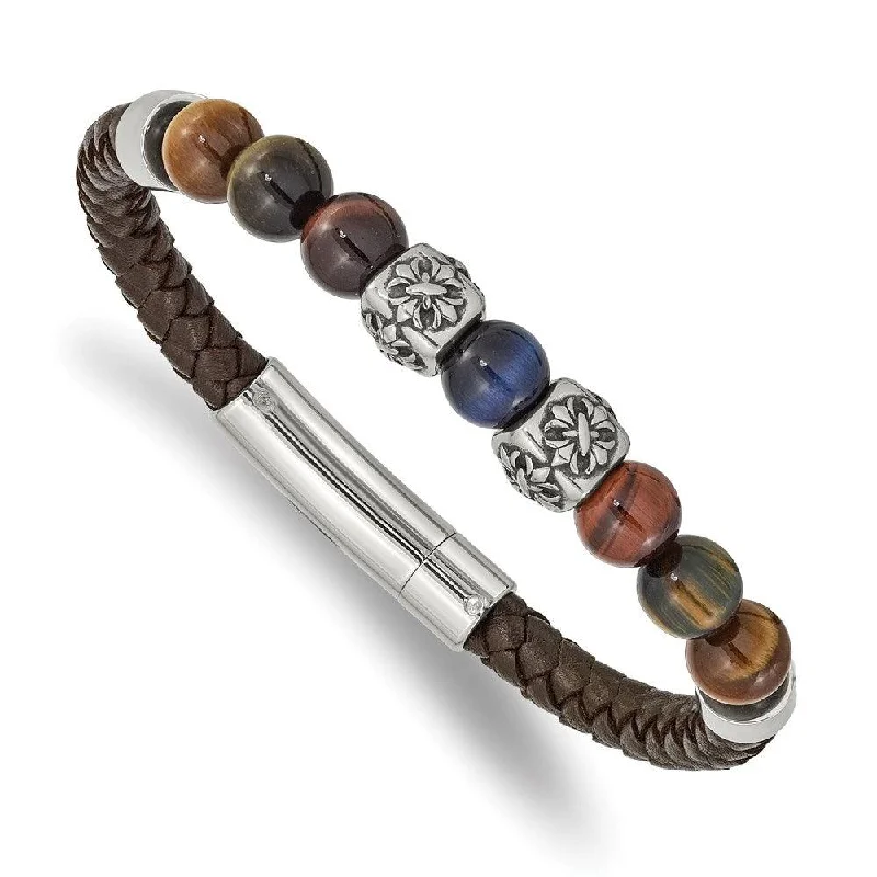 ladies bracelets sale-Stainless Steel Antiqued & Polished MultiColor Tiger's Eye Leather Bracelet