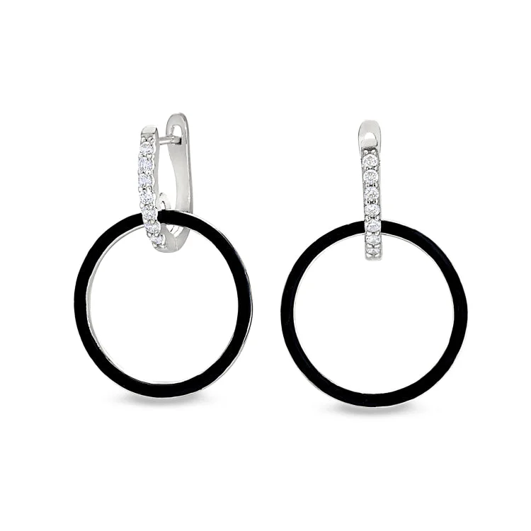 Ladies earrings fair trade -Platinum Finish Sterling Silver Micropave Black Enamel Open Hoop Earrings with Simulated Diamonds