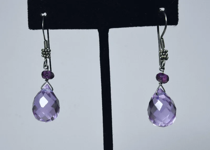 Ladies earrings lab created -Purple Glass and Amethyst Bead Dangle Earrings