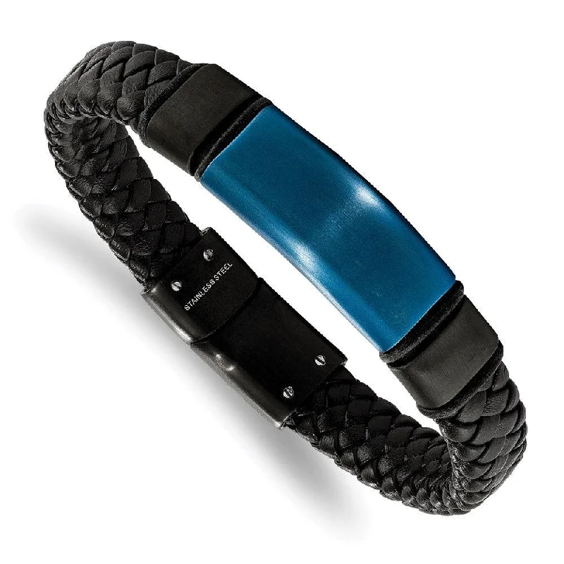 ladies bracelets friendship-Stainless Steel Black & Blue IP-plated w/Silicone & Leather 8.25in Bracelet