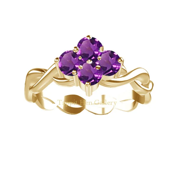 Ladies engagement rings moissanite stone -AMETHYST CLUSTER CELTIC TWIST ENGAGEMENT RING IN 9 CT YELLOW GOLD