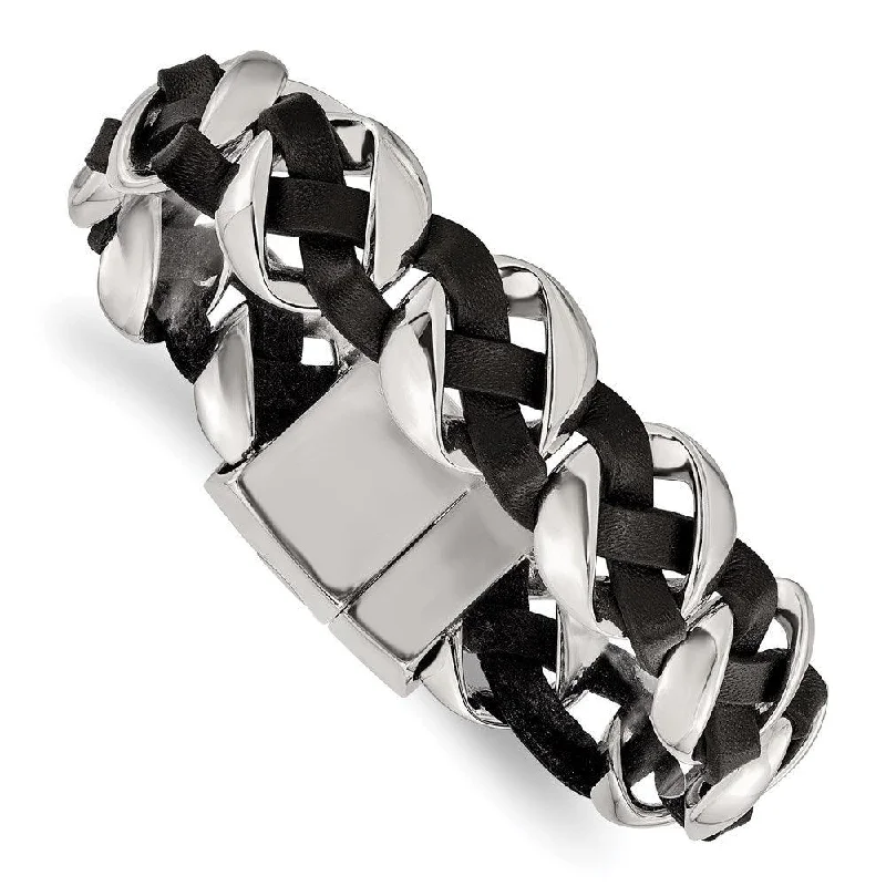 ladies bracelets textured-Stainless Steel Polished Leather Braided Bracelet