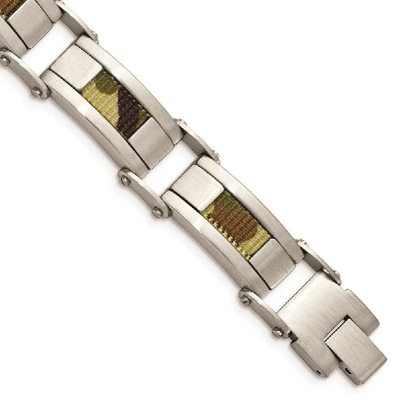 ladies bracelets polished-Stainless Steel Satin w/Brown Camo Fabric Inlay 8.5in. Link Bracelet