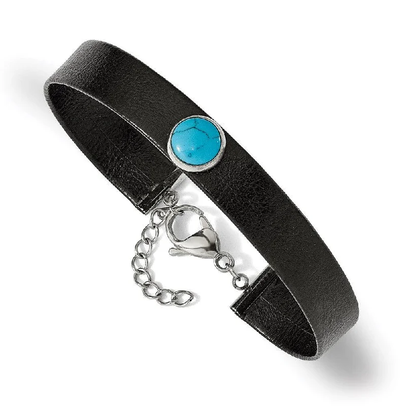 ladies bracelets party-Stainless Steel Polished Leather w/Imit. Turquoise w/1.25in ext. Bracelet