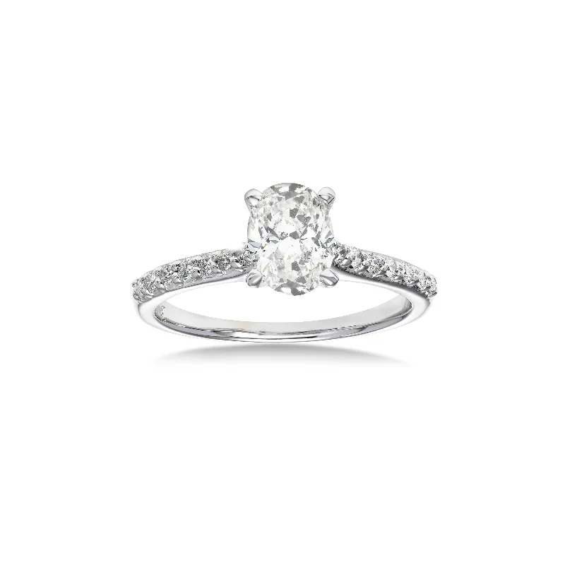 Ladies engagement rings intricate detail -Oval Diamond Engagement Ring, 1.01 Carats Center, 14K White Gold