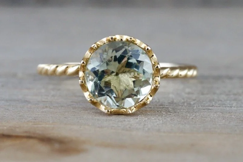 Ladies engagement rings renaissance vibe -Melrose 14k Yellow Gold 8mm Round Green Amethyst Engagement Ring Crown Vintage Design Rope Classic February Birthstone