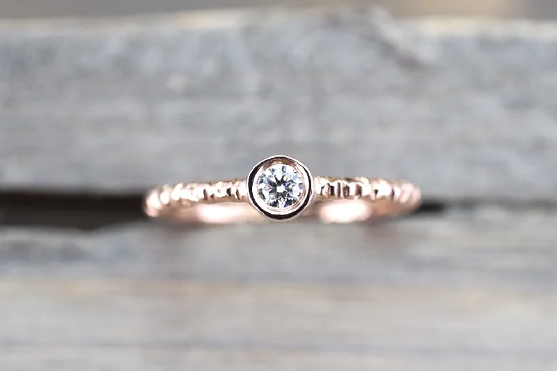 Ladies engagement rings world map -14k Solid Rose Gold Round Bezel Diamond Ring Engagement Wedding Fashion Stack Band Hammered Dainty Textured