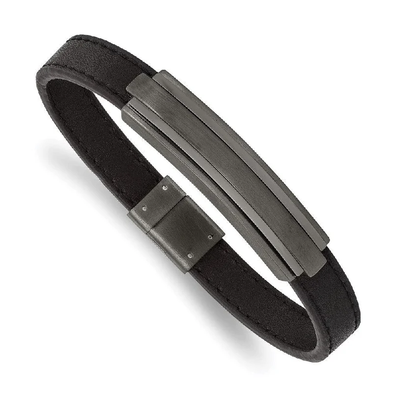 ladies bracelets cuff-Stainless Steel Brushed & Polished GunMetal IP Black Rubber 8.5in Bracelet