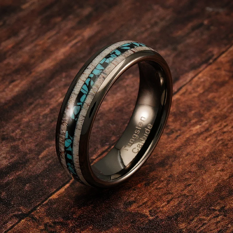 Ladies engagement rings black and white -100S JEWELRY 6mm Gunmetal Tungsten Rings for Men & Women: Unique Turquoise & Antler Inlay - Durable Wedding, Engagement, Promise Band - Available in Sizes 6-13