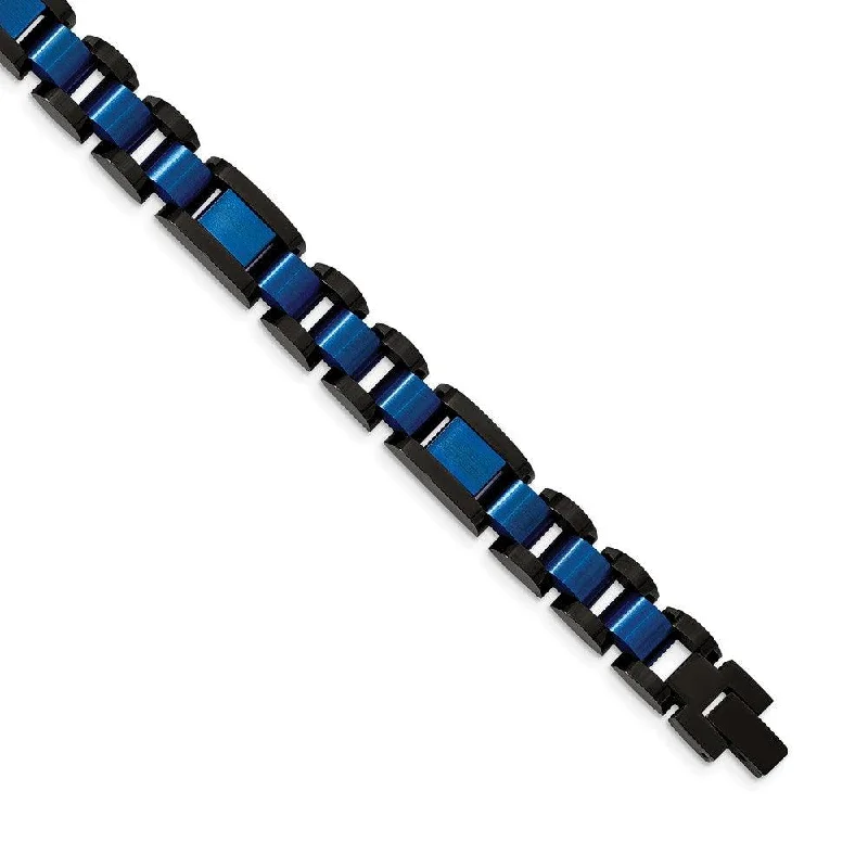 ladies bracelets best seller-Stainless Steel Brushed & Polished Black & Blue IP-plated 8.75in Bracelet