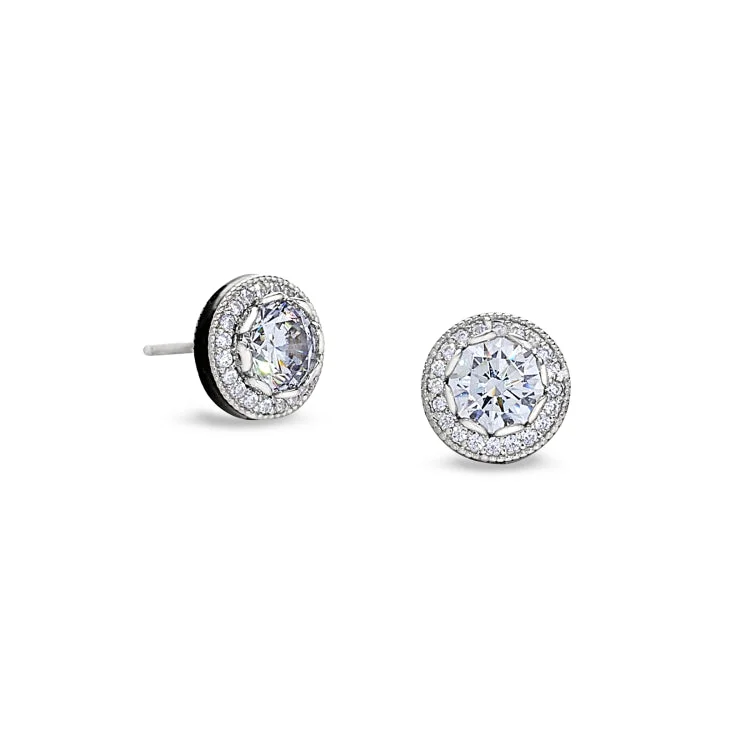 Ladies earrings retro look -Platinum Finish Sterling Silver Micropave Round Halo Earrings with Simulated Diamonds