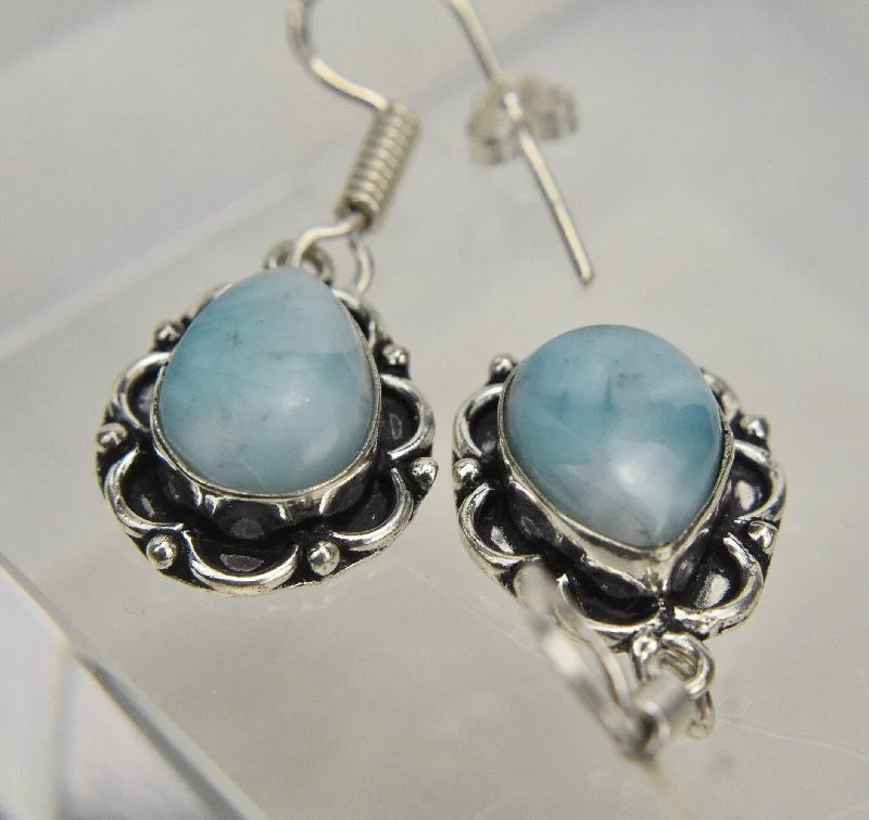 Ladies earrings floral design -Beautiful Pair of Larimar Sterling Silver Earrings