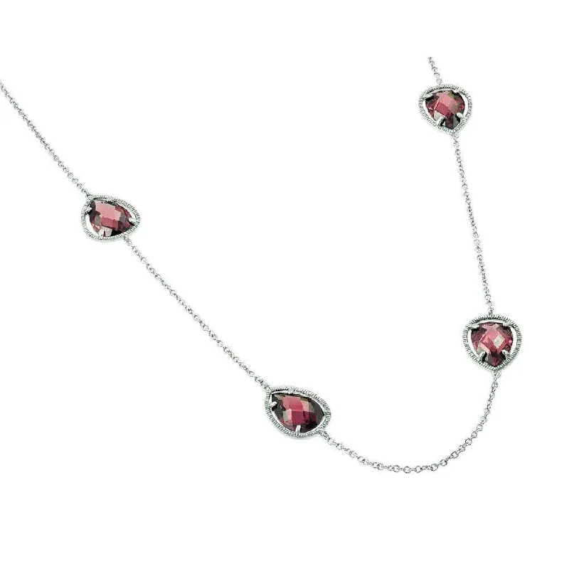 ladies necklaces modern-Silver 925 Rhodium Plated Clear CZ Red Pearl Shape Pendant Necklace - BGP00970RED