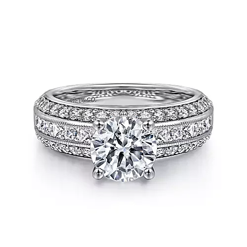 Ladies engagement rings asscher cut -Tinsley - 14K White Gold Wide Band Round Diamond Engagement Ring