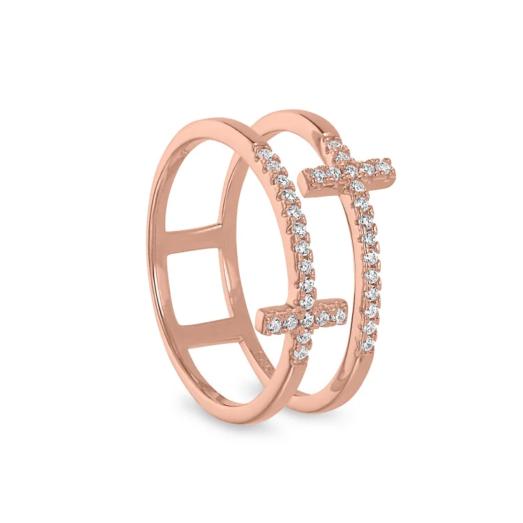 Ladies rings red carpet -Rose Gold Finish Sterling Silver Micropave Double Cross Ring with Simulated Diamonds